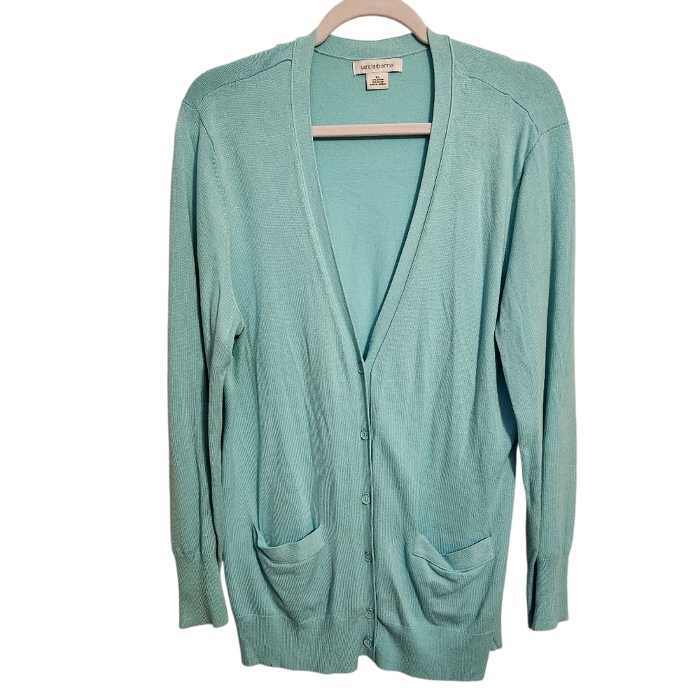 Liz Claiborne | Women's Light Green/Blue Button-Down Cardigan Sweater (Size XL)
